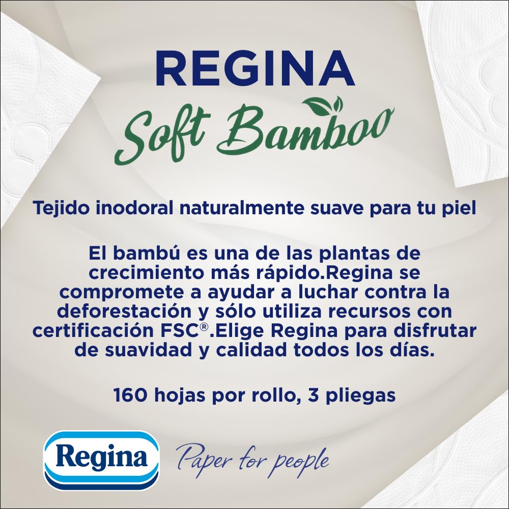 Regina Soft Bamboo - 40 rotoli di carta igienica morbida a 3 strati, 160 fogli, per pelli sensibili, fibra di bambù, FSC certificato