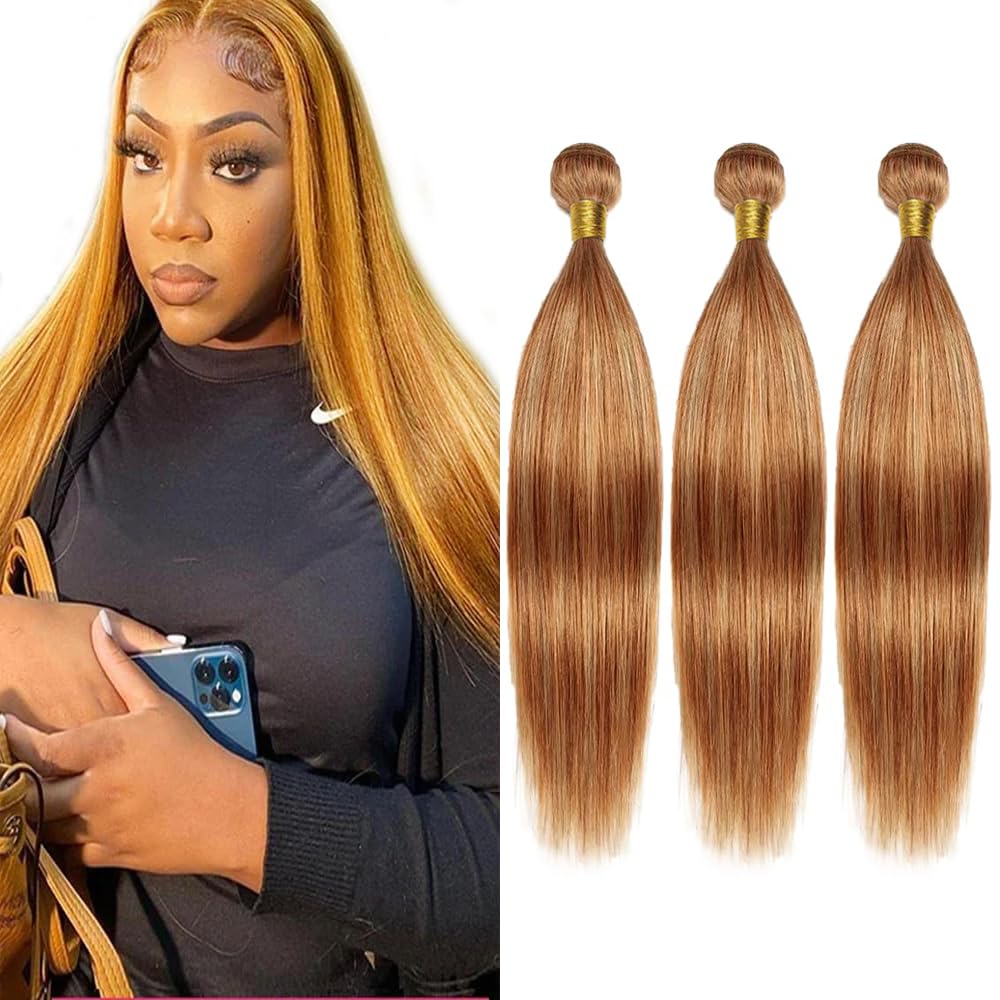 Color 27 Human Hair Bundles Honey Blonde Bundles P27/30 Straight Bundles Brazilian Unprocessed Virgin Hair 3 Bundles Color 30 Straight Bundles Hair Weave 10 12 14 inch