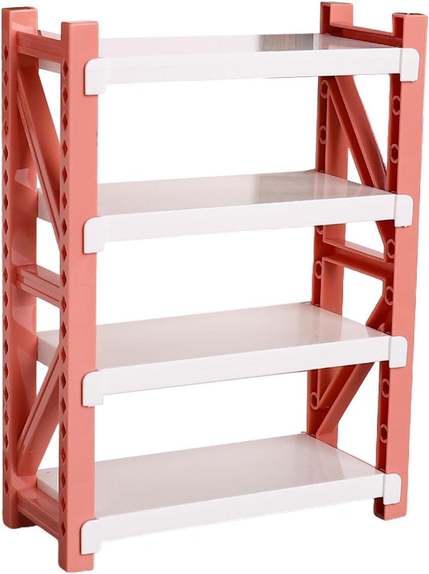 Miniature Storage Rack Dollhouse Miniature Storage Rack 4 Tier Compact Storage Organizer Shelves Adjustable Height Display Showcase Realistic Classic, Pink