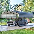 MELLCOM Carport 10x15 FT, Heavy Duty Car-Port, Car-Shelter with Galvanized Metal Roof and Frame, Easy Assembly Car-Shed with Enhanced Base, Expanding Garage Space for Pickup, Boat and Tractor, Gray