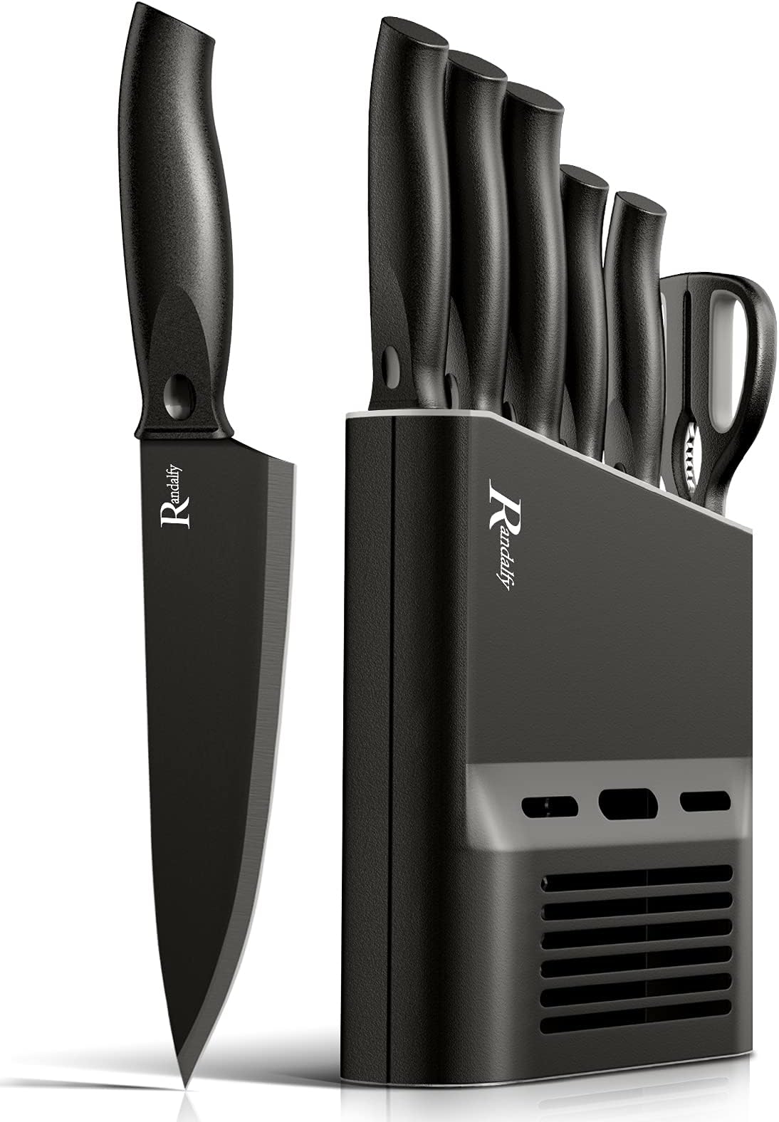 Kitchen Knife Set with Knife Block Set - 7 Pieces Professional Chef Knife Set Contain Knives, Scissor and Knife Block for Meat/Vegetables/Fruits's Chopping, Slicing, Dicing & Cutting, Black