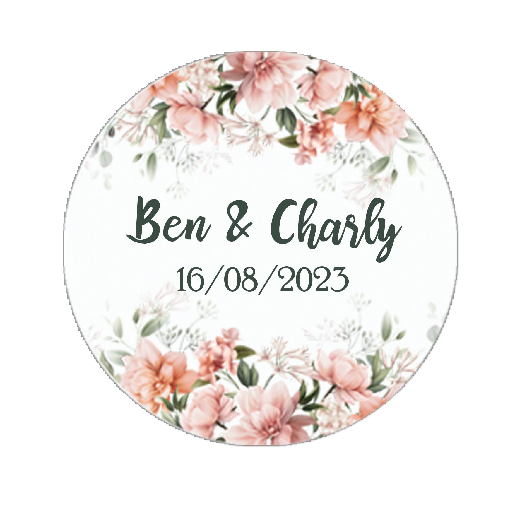 35 x Treasured Forever Personalised Wedding Floral Effect Favour Round Stickers (37mm) (Peach) (Peach)