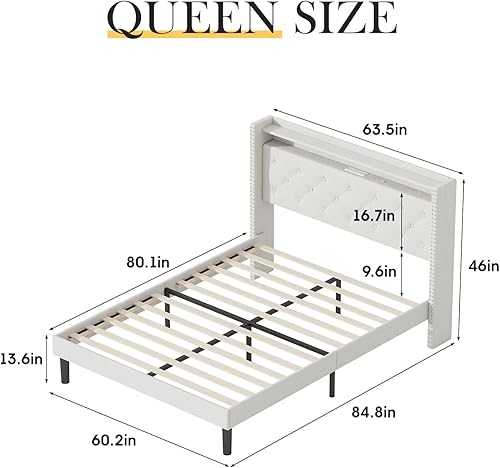 Miniatura 19 de Vabches Base de cama de tamaño matrimonial con cabecera LED, plataforma tapizada de terciopelo con luces y estación de carga, cabecera de