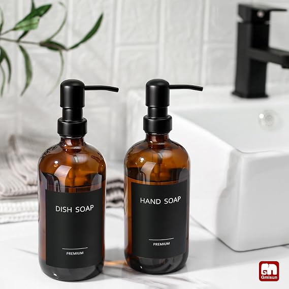 GMISUN Amber Glass Soap Dispenser, 2 Pack Bathroom Hand Soap Dispensers with Stainless Steel Pump, 17 Fl Oz Kitchen Hand and Dish Soap Dispenser Set, Modern Vintage Liquid Brown Soap Dispensers Bottle