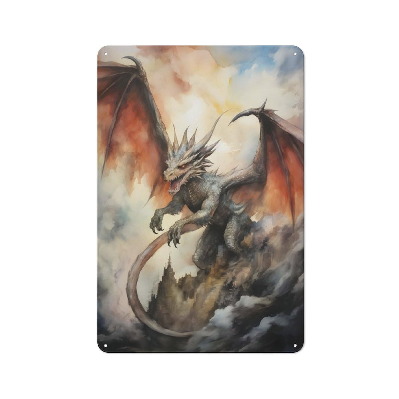 Junmoney Dragon On A Mountain Metal Plaque 30X20cm With For Workshop Wall, Retro Decor, For Garage, Workshop And Man Cave Decoration