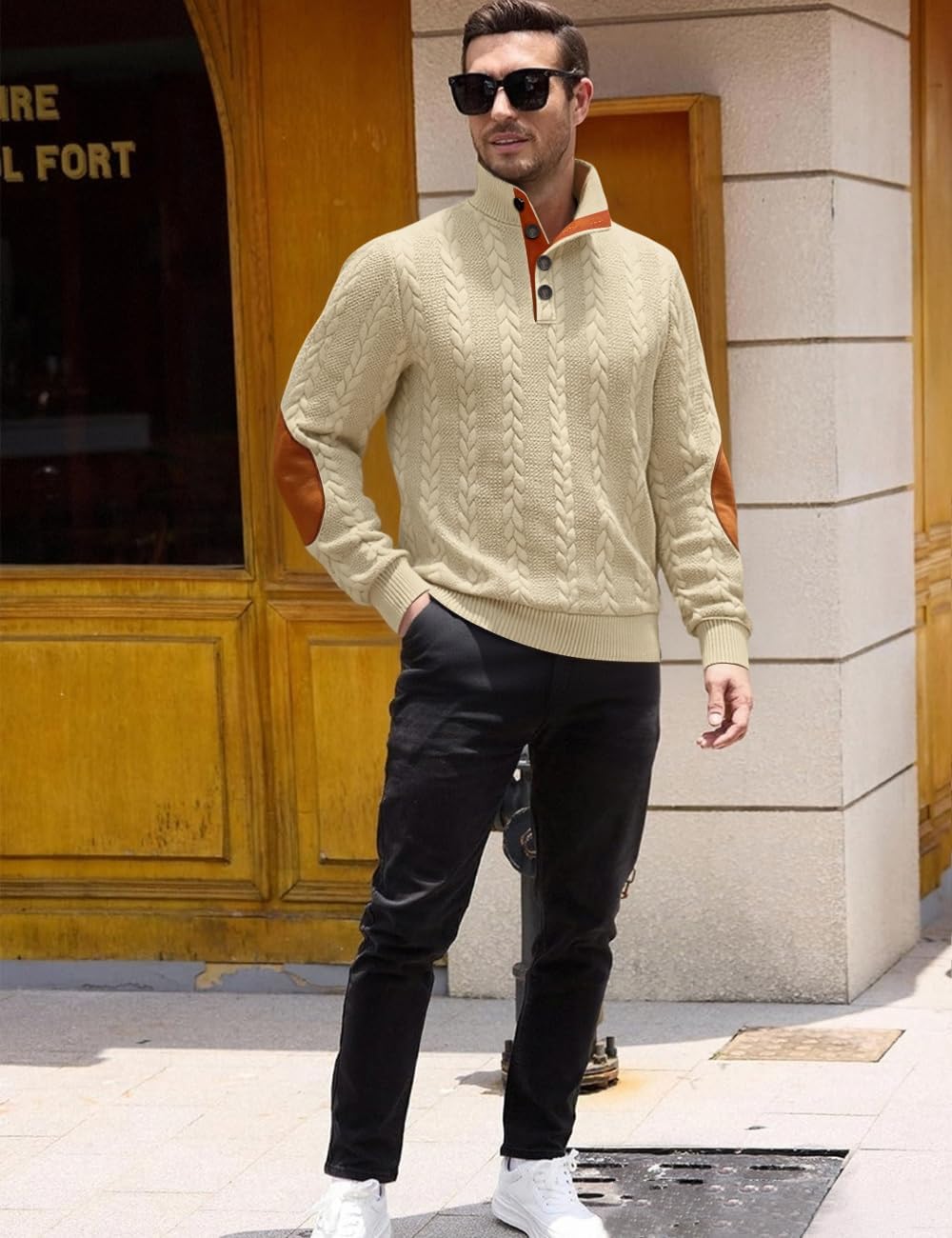 Men's Cable Knit Pullover Sweater Casual Long Sleeve Stand Collar Quarter Button Knitted Sweatshirts Quilted Sweatshirt - Image 5