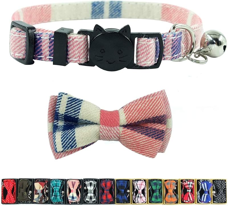 Coleira para Gatos com Fecho de Segurança, Sino e Gravata-Borboleta em Algodão Xadrez Pipidog Rosa (17,27–27,43 cm)