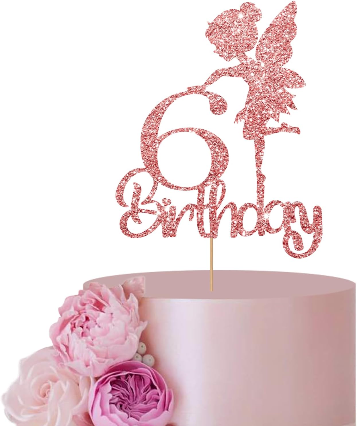 Rose Gold Fairy Happy 6th Birthday Cake Topper, Fairy Six Sign Cake Topper, Girl's Birthday/6th Anniversary Party Decorations Supplies