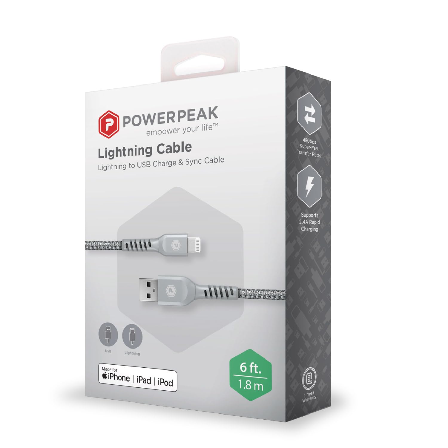 USB-A to Lightning Cable, 6ft Braided Nylon Metallic iPhone Charger Cord, (MFi Certified) Sync Cable Compatible with iPhone Lightning Port Devices | Silver