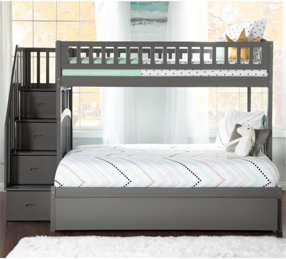 BOWERY HILL Solid Wood Staircase Bunk Bed, Twin Over Full with Twin Trundle, Gray Finish, 68.5" H x 56.62" W x 97.5" D, 4 Drawers, 3 Shelves, Satin Hardwood for Kids or Guest Bedroom