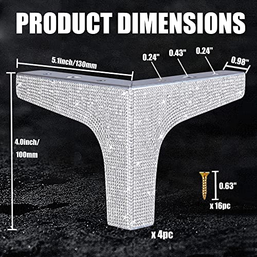Blackfish 4 Piece Set Shiny Silver Rhinestones Furniture Legs-4 Inches Rhinestones Metal Furniture Leg,Replacement Legs For Sofa,Apply To Diy Cabinet Legs、Sofa Legs、Dresser Legs Wait #TOP1