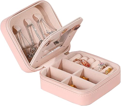 Joyero de viaje organizador portátil para joyas, organizador de almacenamiento de piel sintética con espejo, soporte de joyería para mujeres y