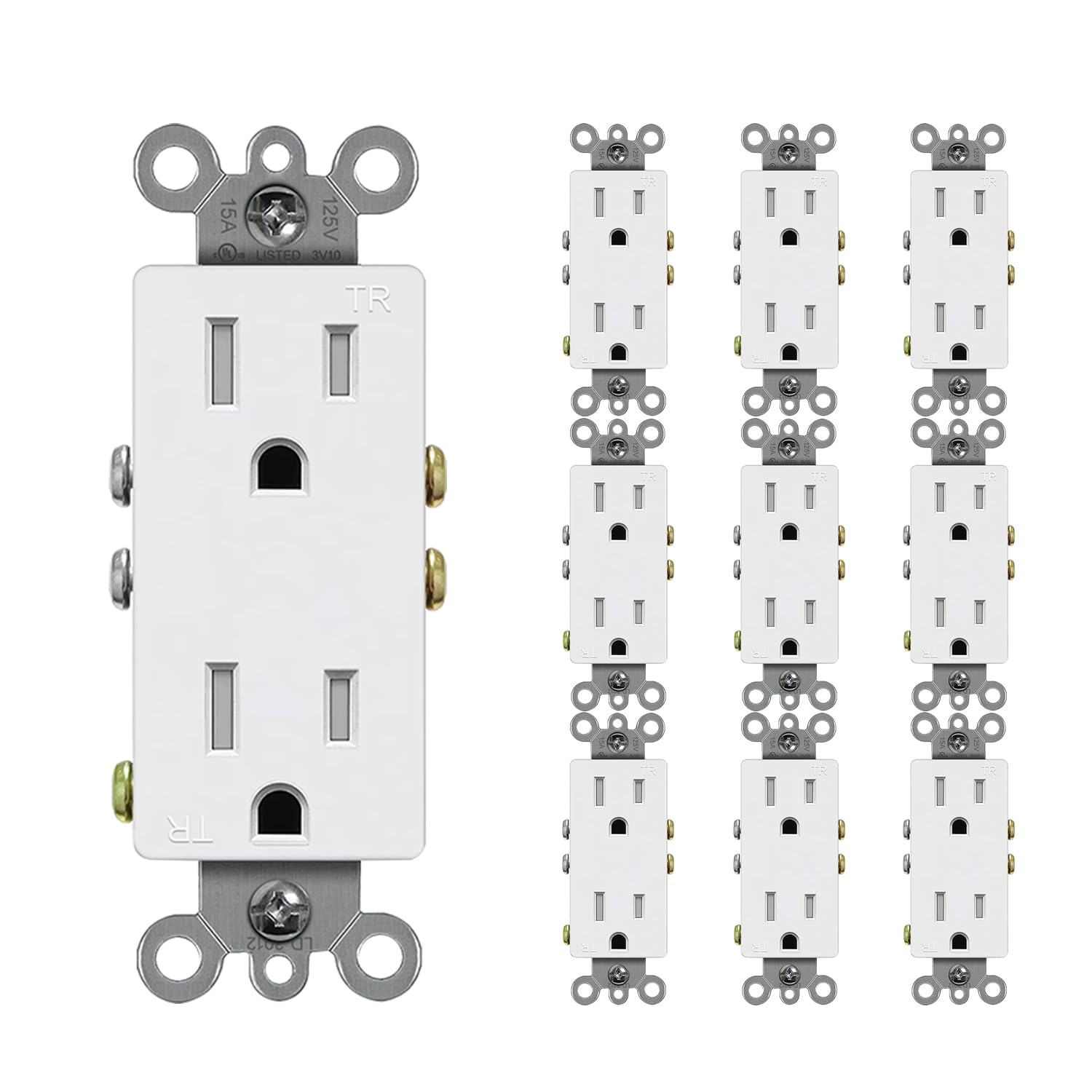 Decorator Receptacle Outlet, Standard Electrical Wall Tamper Resistant Decorative Receptacle Outlet, 15Amp 125 Volt, Grounding UL Listed (10Pack, White, 15 Amp Outlet)
