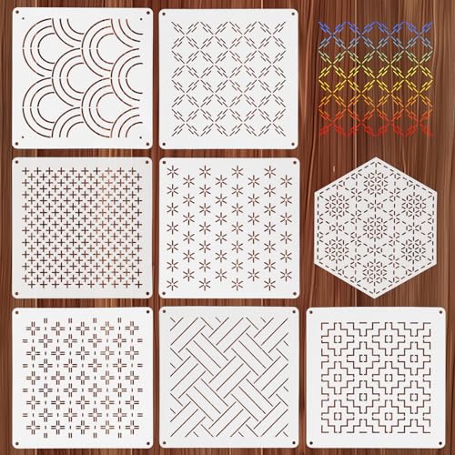 8 PCS 4.7 X 4.7 Inch Plastic Sashiko Stencil, Plastic Sashiko Template Pattern Geometric Embroidery Pattern Stabilizers, Drawing Line Embroidery Patterns for Sewing Hand Quilting and Embroiderys