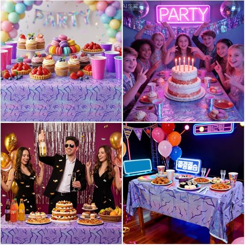 2 Packs Purple Tablecloth Decorations, Purple Energy Lightning Tablecover Iridescent Holographic Laser Table Covers for Birthday, Disco Bachelorette, Korean Idol Movie Party Decorations Supplies — view 5
