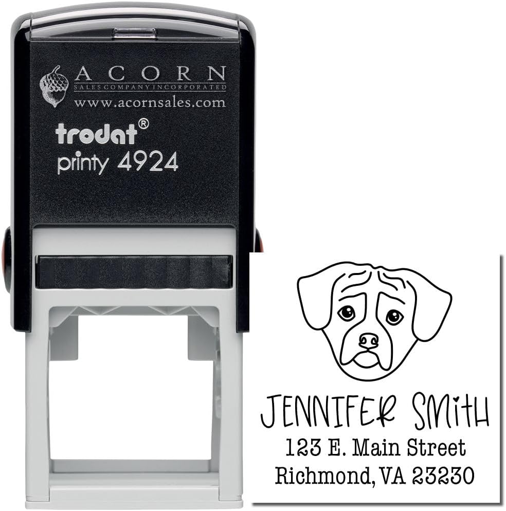 Square Self-Inking Puggle Dog Face Outline Name and Address Stamp, Easy Press and Print Stamping, Puggle Self Inking Address Label, Size 1-5/8"