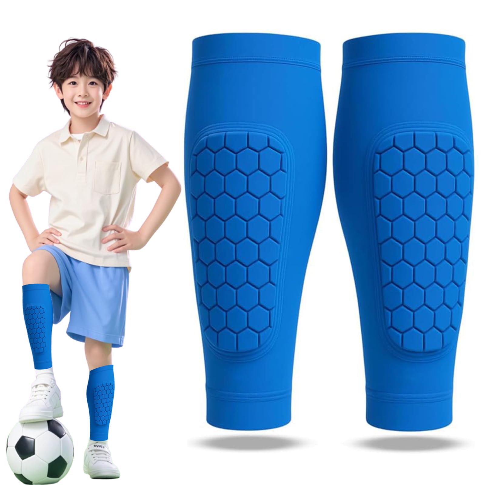 Shin Defender Shin Guards Kids, Built In Shin Guards Soccer Kids with Honeycomb Padding Lightweight Breathable Calf Compression Shin Pads for Boys Girls Training Games (Blue, L(Age 14+))