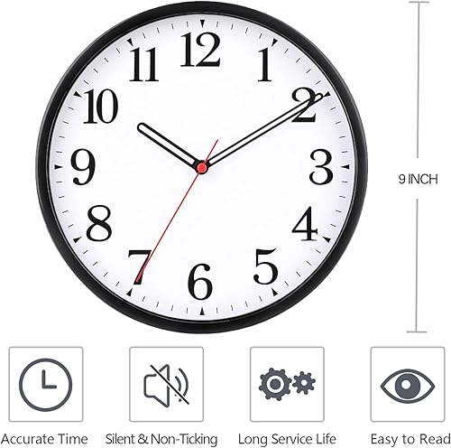 Miniatura 5 de Paquete de 2 relojes de pared con pilas, color negro, silencioso, pequeño, moderno, analógico, reloj de pared que no hace tictac para cocina,