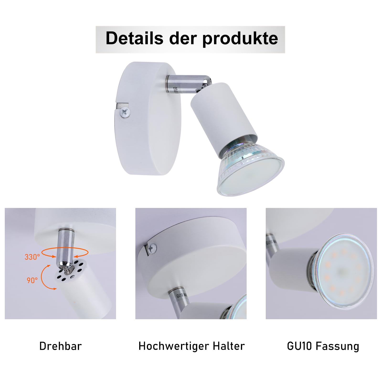 LED Lampara GU10 Foco Pared Lámpara Techo Blanco 2ER | Foco Orientable 330° Pasillo Pared Dormitorio Baño Cocina, Bombilla NO Incluida