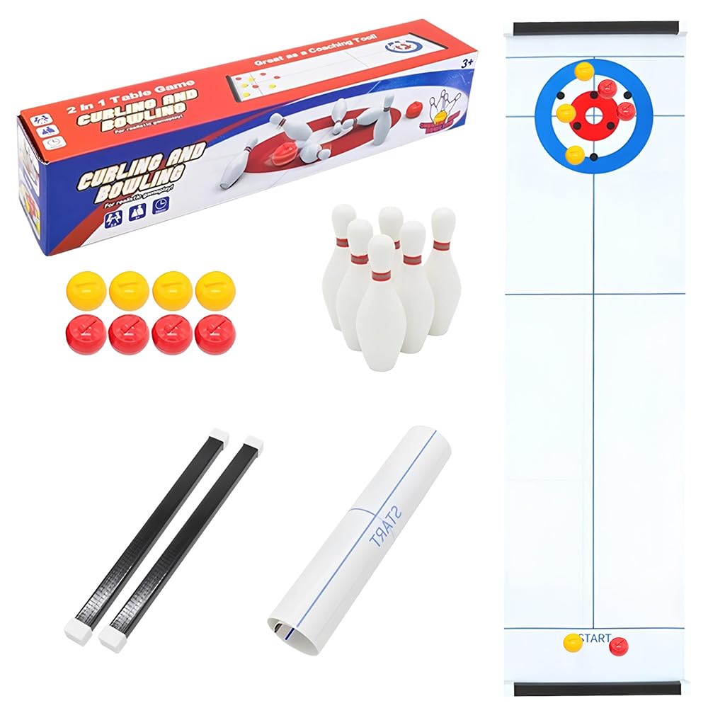 CLIUNT 2 in 1 Tabletop Curling Game, Portable Team Board Games, Curling & Bowling Game for Kids, Adults & Family, Tabletop Training Family Party Games