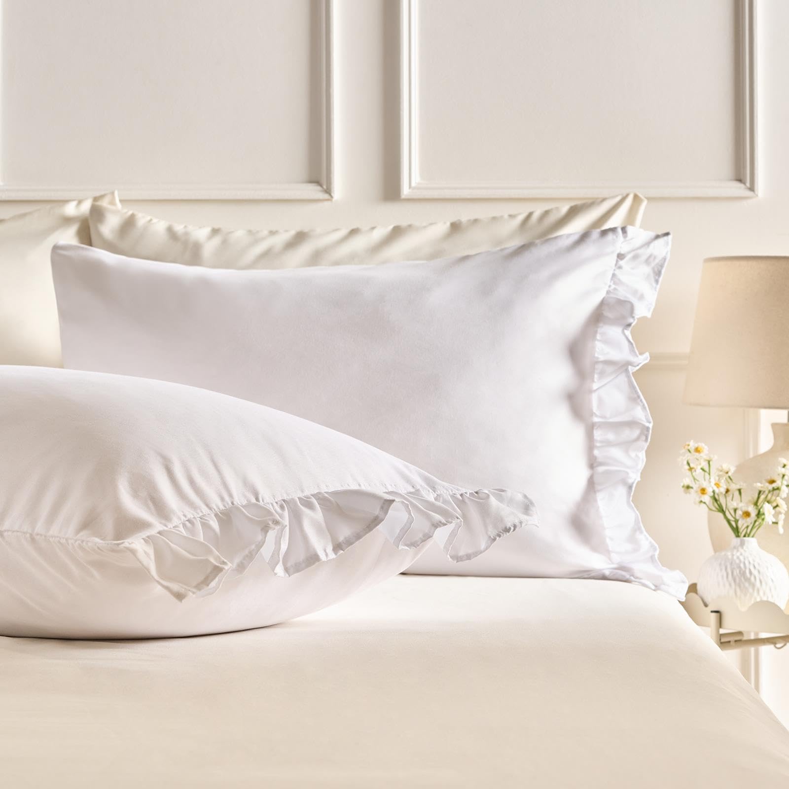 Ohs White Bedding Pillow Cases 2 Pack, Soft Microfibre Pillowcases With Frill Edge Comfy Hotel Quality Wrinkle & Fade Resistant Bed Pillow Cases With Envelope Closure, - 50 X 75Cm