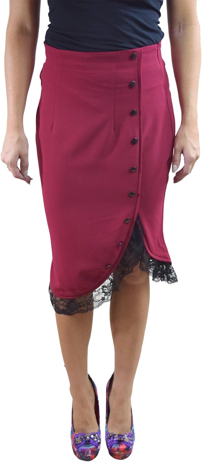Skelapparel 60's Vintage Lace Trim Office Wiggle Tulip Solid Pencil Skirt