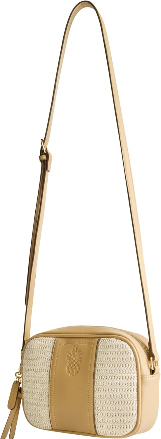 Tommy Bahama Camera Bag, Women's Mini Shoulder Handbag with Embossed Logo and Adjustable Shoulder Strap, Tan