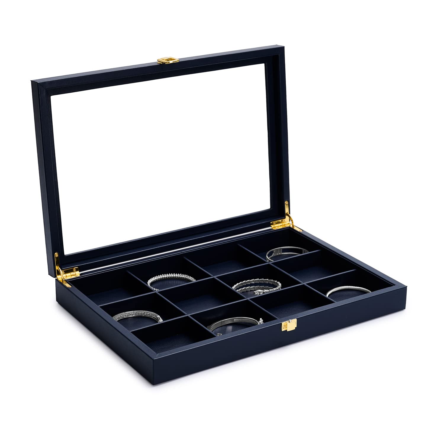 Bandeja Para Joyas 12 Compartimentos, Caja De Almacenamiento De Cuero Con Tapa Transparente - Joyero Con Cerradura Para Colgantes, Collares Y Joyas (azul)