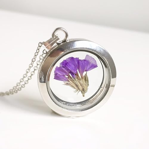 Amazon Com Forget Me Not Necklace Floating Locket Charm Limonium Sinuatum Sea Lavender Glass Frame Mori Girl Purple Statice Violet Terrarium Bridesmaid Gift Handmade Products