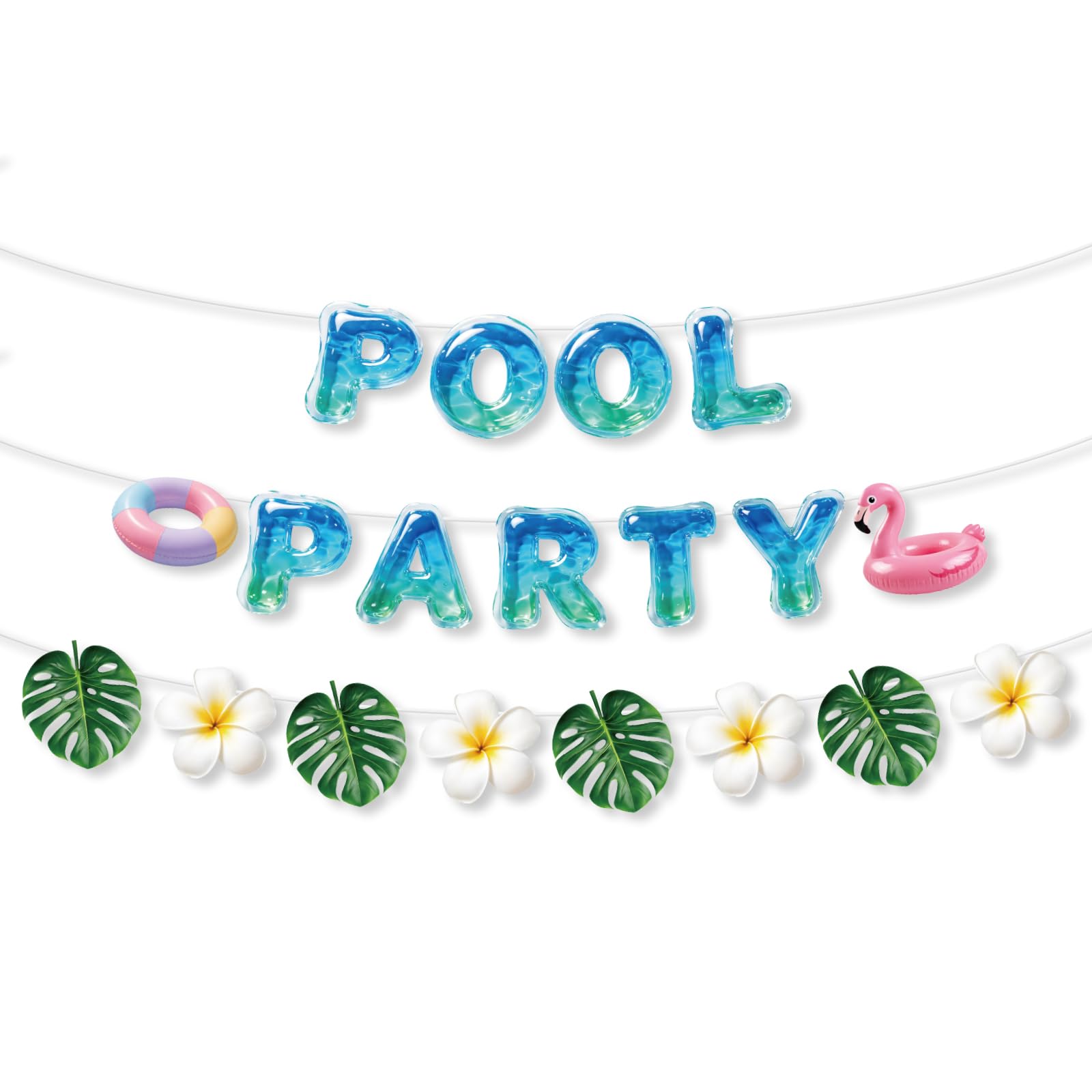 Pool Party Banner, 3D Pattern Pre-strung Birthday Pool Banner Extra-Large Summer Themed Hawaiian Outdoor Party Decorations for Baby Shower Supplies