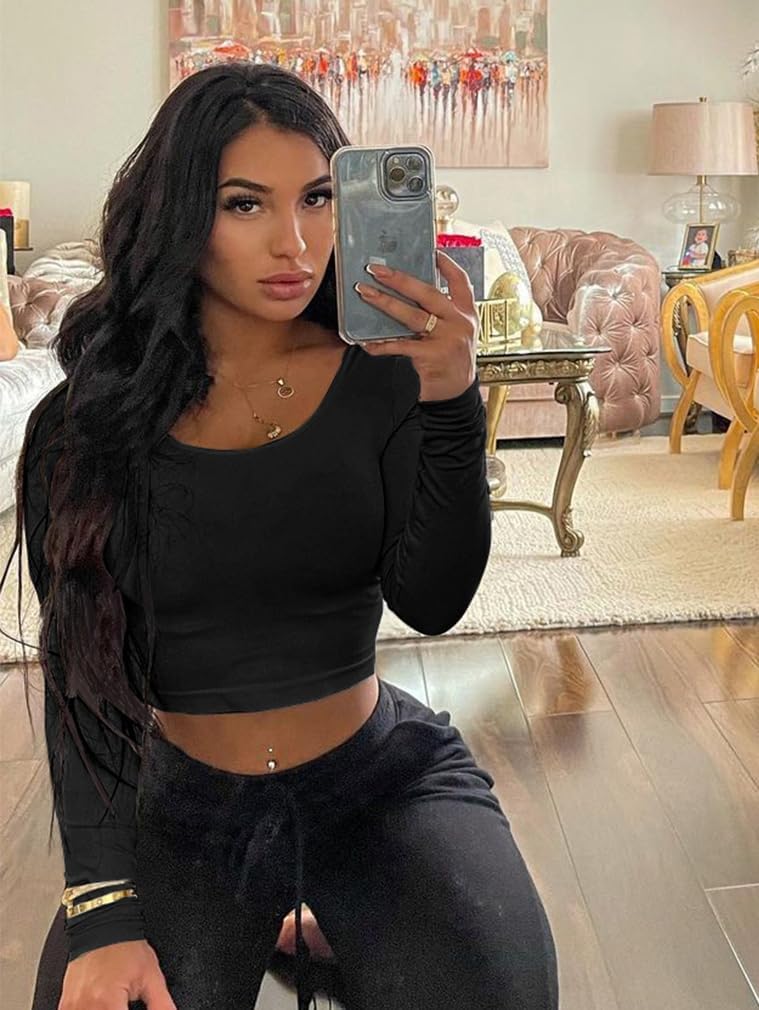 XXTAXN Women's Sexy Bodycon Fitted Square Neck Long Sleeve Basic T-Shirt Crop Top - Image 6