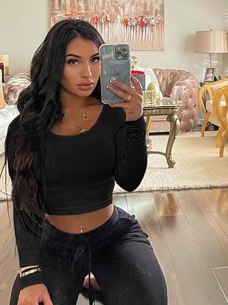 XXTAXN Womens Sexy Fitted Square Neck Long Sleeve T-Shirt Crop Top