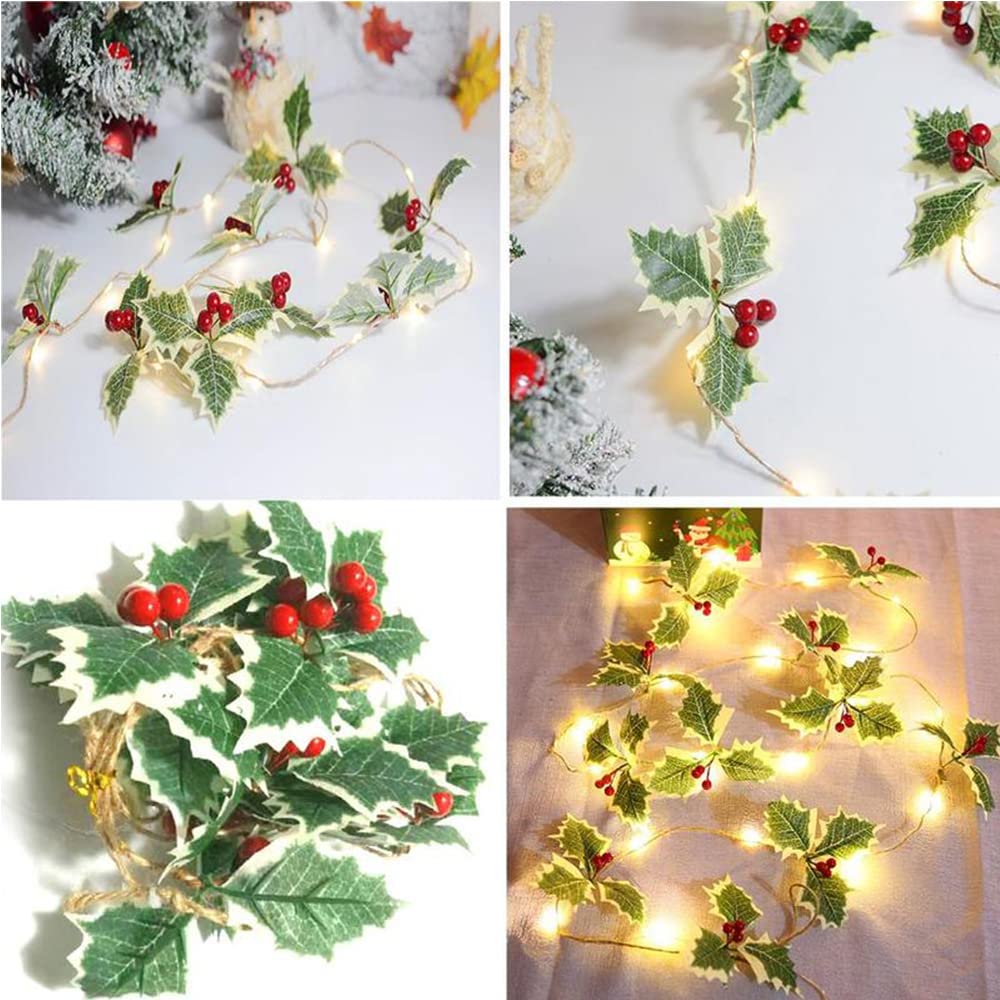 Guirnalda de Navidad con luces, 20 luces LED de 6.56 pies, funciona con pilas, guirnalda de hojas de bayas rojas, guirnalda de árbol de Navidad, decoración de interiores, luces cálidas para
