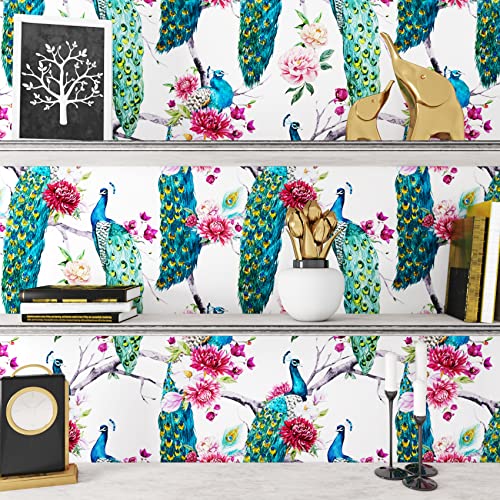 ReWallpaper Tapete Pfau Petrol Selbstklebende Tapete Grün Mit Blumen Rosa 44.5CM X 3M Fototapete Selbstklebend Pfau Blumentapete Vintage… – Ansicht 6