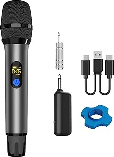 VOVIGGOL Micrófono Inalámbrico Profesional 2 en 1, UHF Sistema de Micrófono Dinámico Mano de Metal con Receptor Recargable, para Canto de Karaoke, KTV Casero, Boda, DJ, Fiesta, Discurso, 50M