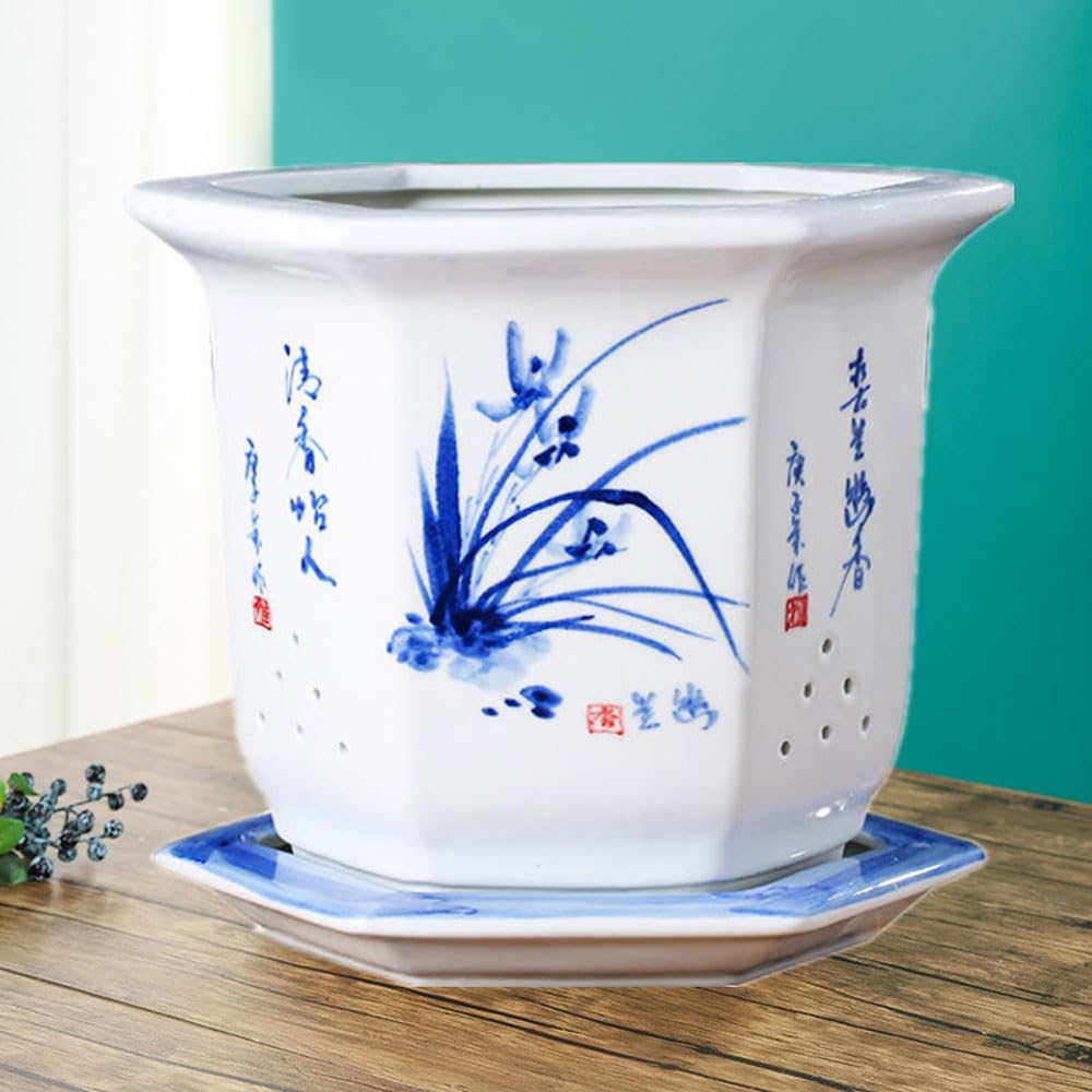DFGHNBVC Ceramic Planter Indoor Plant Pots Plant Pots Indoor Blue And White Porcelain Flowerpot Planter Flower Nursery Pot Orchid Ceramics Bonsai Orchid Pot Indoor Planter Orchid Pots,C-19 * 24.5CM