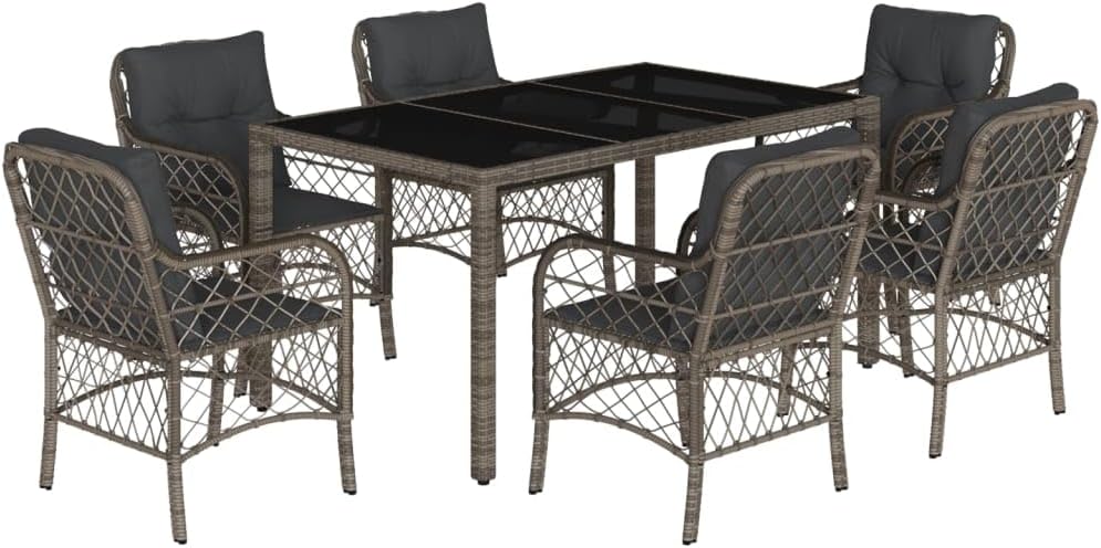 vidaXL 7 Piece Patio Dining Set - Gray Poly Rattan, Cushions Included, Tempered Glass Tabletop, Outdoor Furniture for Garden/Backyard/Deck, PE Rattan Chairs