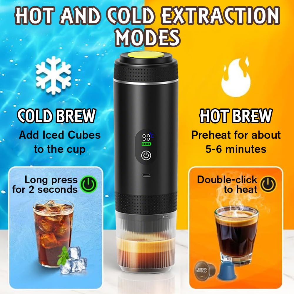Macchina Caffe Portatile, 3 In 1 Macchina da Caffè Espresso Elettrica Portatile, 5 Minuti Auto-Riscaldamento, con USB-C, Compatibile con Caffè Macinato e Capsule, per Campeggio, Ufficio, Auto