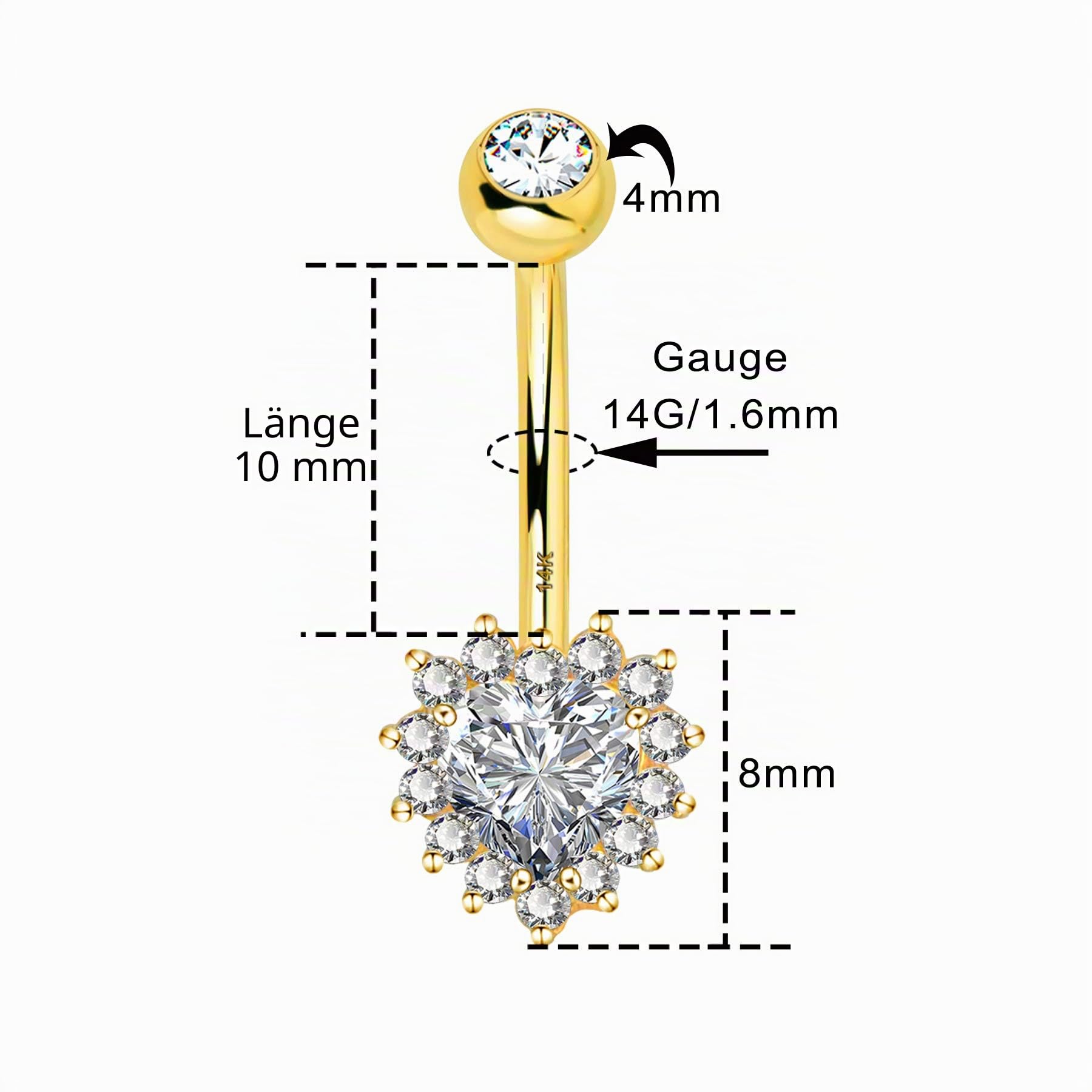 Melighting 14G Bauchpiercing aus 14 Karat Gold Herz CZ Nabelpiercings Belly Button Ring Belly Piercing Jewelry Navel Bars for Women