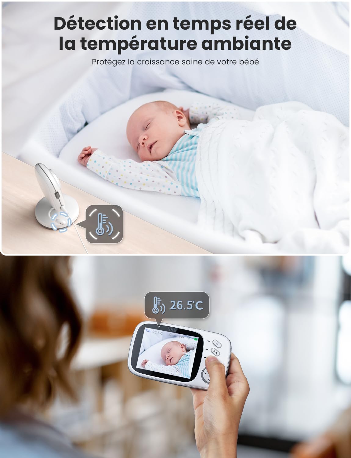 GHB Babyphone Caméra 3.2 inches Bébé Moniteur Babyphone Vidéo LCD Couleur Bébé Surveillance 2.4 GHz Communication Bidirectionnelle Vision Nocturne