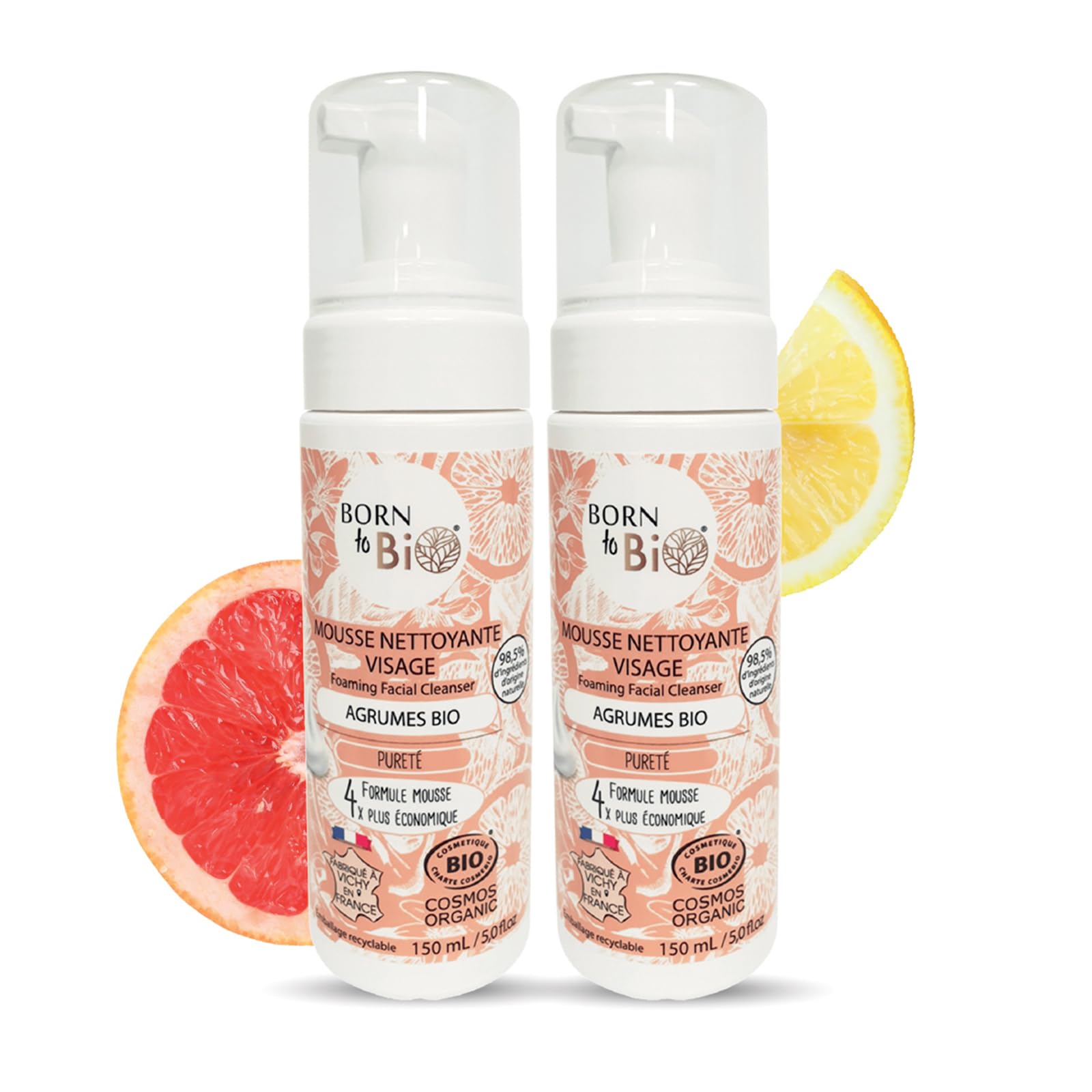 BORN TO BIO Mousse Nettoyante Visage Bio pour Peaux Grasses: Pureté - Lot de 2 x 150ml: Agrumes - Nettoyage Doux et Efficace - Texture Ultra Légère - Certifiée Bio