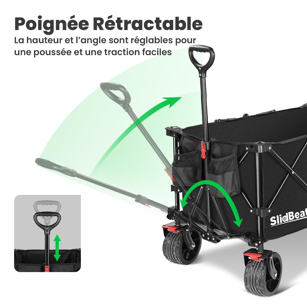 SLIDBEAT Chariot Tout Terrain Pliable - 226kg Capacité 300L, Roues XXL 18cm, Chariot Plage avec Freins, Structure Triangulaire Renforcée, Toile 600D Imperméable - Pour Plage, Camping, Peche, Transport