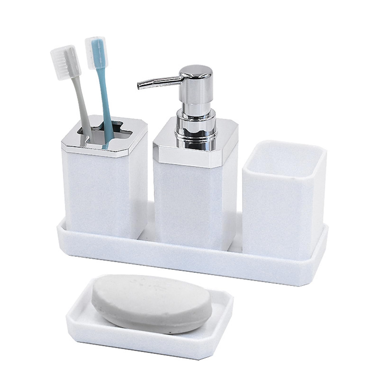 5Piece Modern Bathroom Organization Solution User Friendly Accessories Set Soap Dispenser Toothbrush Holder Tray Storage Set