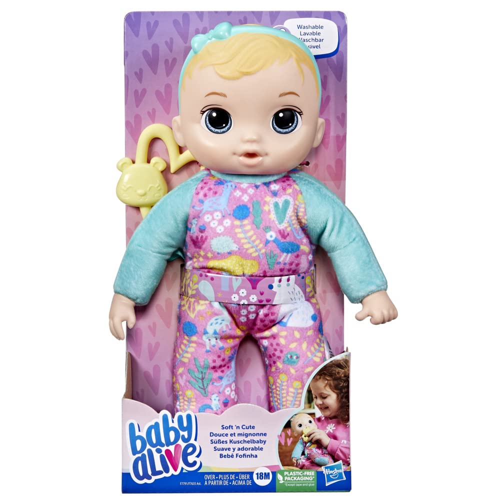 Baby Alive Soft ‘n Cute Doll, Blonde Hair, 11-Inch First Baby Doll Toy, Washable Soft Doll, Toddlers Kids 18 Months and Up, Teether Accessory
