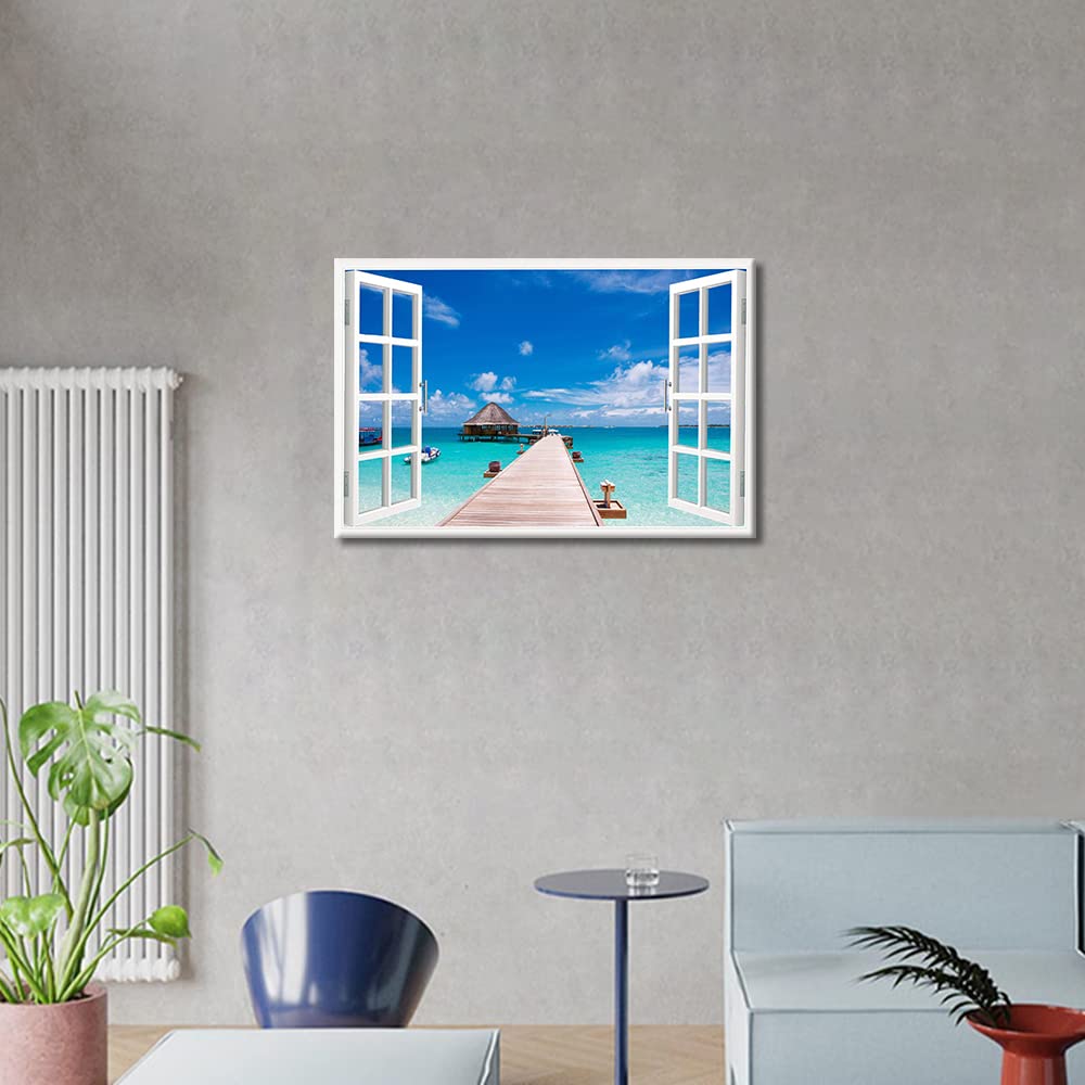 Window View Wall Decorations for Living Room Canvas Wall Art Pier to Tropical Island Vacation Getaway Outdoor Natural Scenery Canvas Wall Art Modern Home Decor Framed Ready to Hang (24"W x 16"H) - Image 4