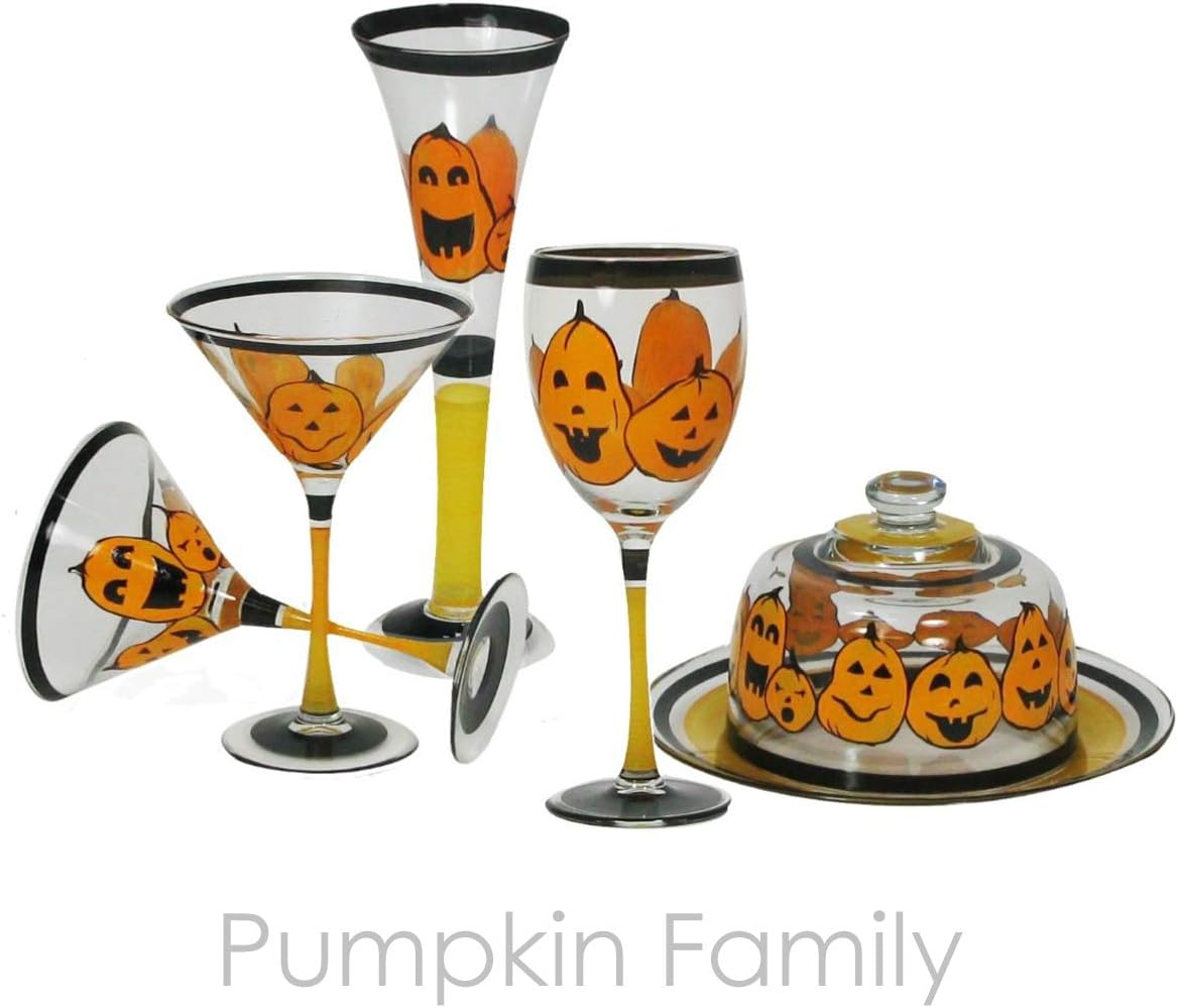 Hand Painted Martini Glasses Set of 2 - Pumpkin Family Collection - Hand Painted Glassware by USA Artists - Unique and Decorative Martini Glasses, Kitchen Table Décor
