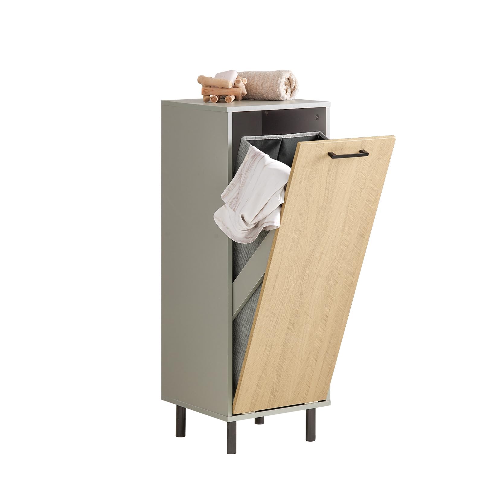 SoBuy Mueble Ropa Sucia baño con Saco abatible – Armario baño Estrecho con Patas de Metal y cesto para Ropa Sucia Gris Natural 31,5x86x30cm BZR132-NG