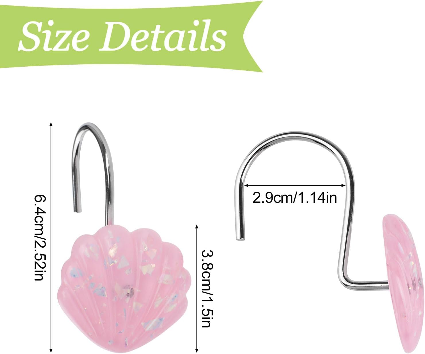 12Pcs Seashell Shower Curtain Hooks Decorative Seaside Bling Shower Rings for Curtain and Shower Rod Smooth Sliding S Shaped Hooks Hangers Bathroom Accessories (Pink)