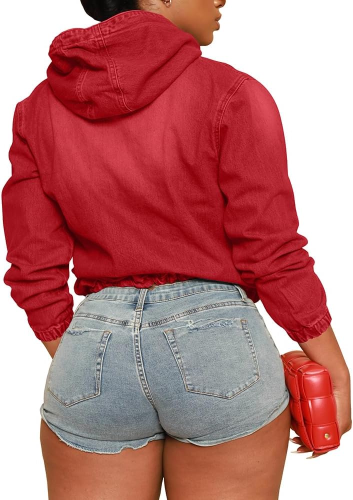 Women's Half Zip Denim Hoodie Pullover Jackets Jean Tops - Image 2