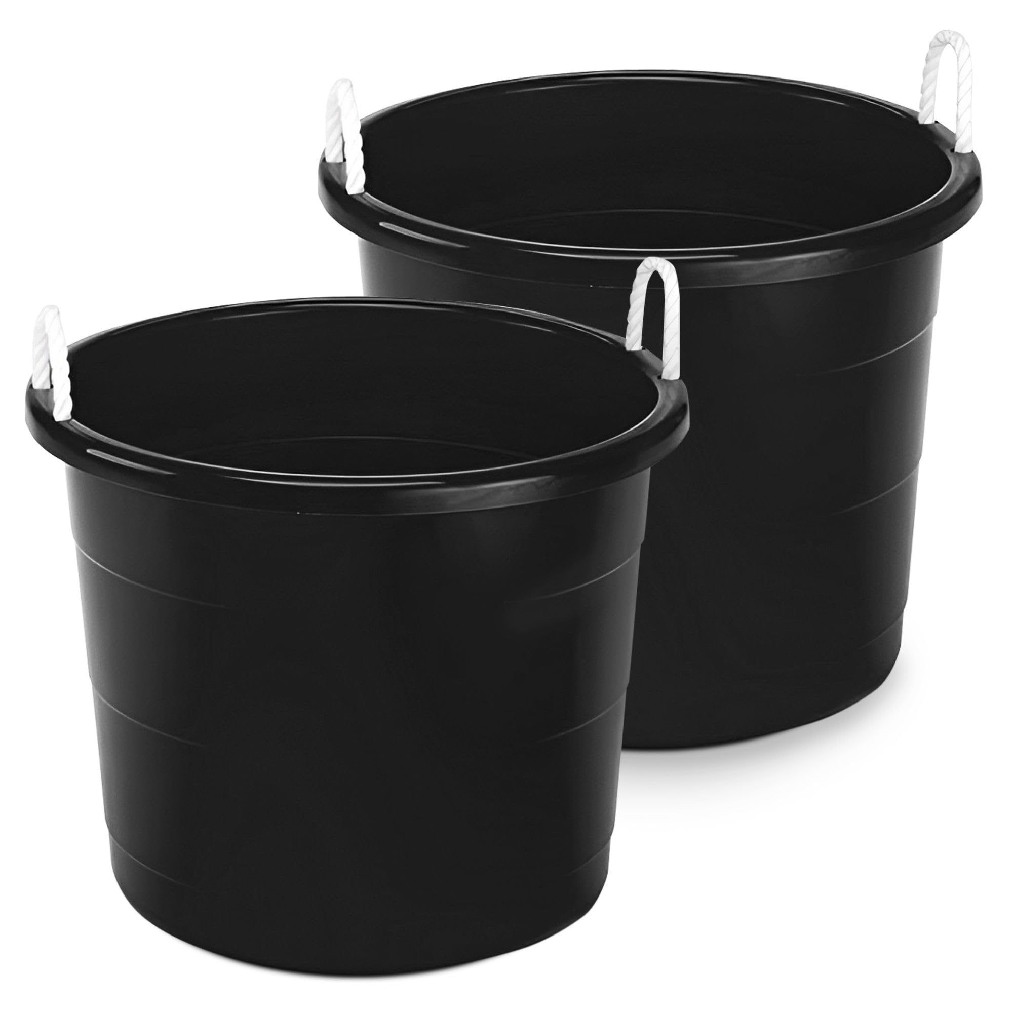 HOMZ 2-Pack Utility Tub, Large Plastic Storage Bucket with Rope Handles, 18 Gallon, Black - Portable Indoor and Outdoor Buckets for Kitchen, Laundry, Garden, Bathroom, and Garage Organization